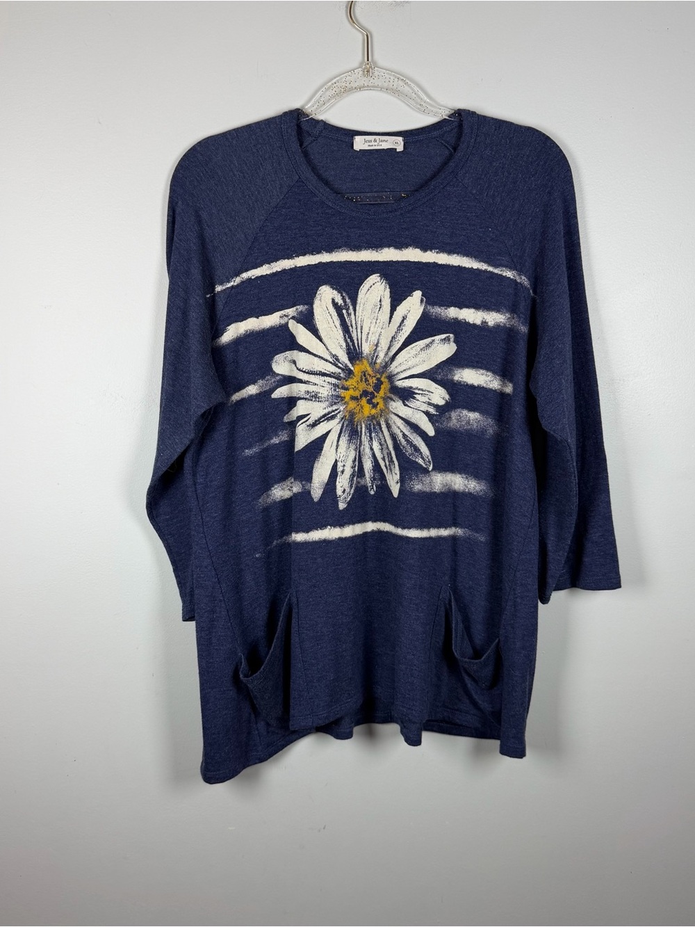 JESS & JANE Blue 3/4 Sleeve Daisy Print Knit Top Art To Wear Artsy Flower XL